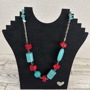 Turquoise and Red Stone Bead Necklace